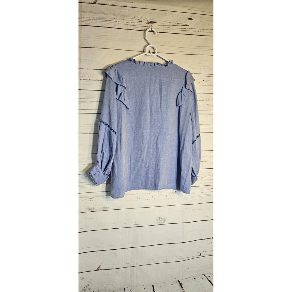 Zara Long Sleeve Ruffled 3/4 Vneck Button Blouse Top Blue Sz M - Picture 6 of 8